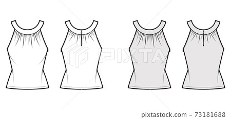 Top rounded neck band tank technical fashion illustration with ruching, fitted body, button keyhole, tunic length.  73181688
