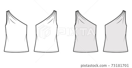 One-shoulder top tank technical fashion illustration with ruching, oversized body, tunic length hem. Flat outwear shirt 73181701