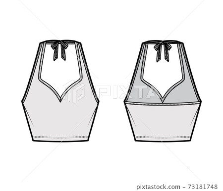 Tank halter sweetheart neck Crop top technical fashion illustration with bow, slim fit, waist length. Flat apparel 73181748