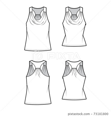 Set of Tanks racerback cowl crop tops technical fashion illustration with ruching, oversized, fitted body, tunic length Set of Tanks racerback cowl crop tops technical fashion illustration with ruching, oversized, fitted body, tunic length 73181800
