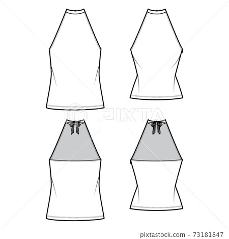 Set of Tops high neck halter tanks technical fashion illustration with bow, slim, oversized fit, waist length. Flat 73181847