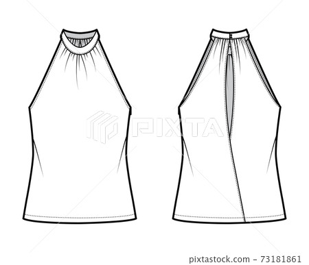 Top banded high neck halter tank technical fashion illustration with wrap, oversized, tunic length. Flat apparel outwear Top banded high neck halter tank technical fashion illustration with wrap, oversized, tunic length. Flat apparel outwear 73181861