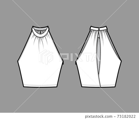 Top crop banded high neck halter tank technical fashion illustration with wrap, slim fit, waist length. Flat apparel Top crop banded high neck halter tank technical fashion illustration with wrap, slim fit, waist length. Flat apparel 73182022