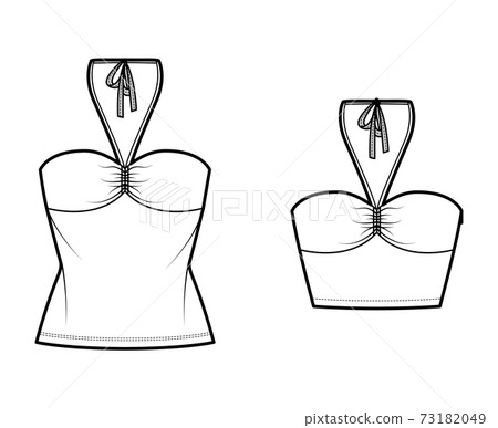 Set of Tops bandeau neck halter tank cotton-jersey technical fashion illustration with thin tieback, slim fit, bow Set of Tops bandeau neck halter tank cotton-jersey technical fashion illustration with thin tieback, slim fit, bow 73182049