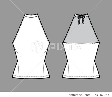 Top crop high neck halter tank cotton-jersey technical fashion illustration with bow, slim fit, waist length. Flat 73182053