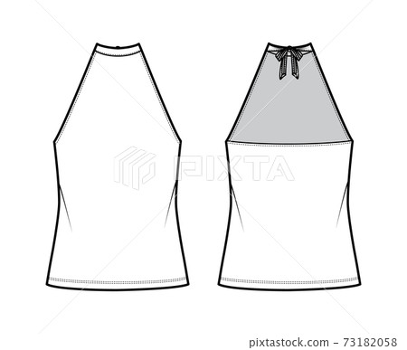 Top high neck halter tank cotton-jersey technical fashion illustration with bow, oversized, tunic length. Flat outwear Top high neck halter tank cotton-jersey technical fashion illustration with bow, oversized, tunic length. Flat outwear 73182058