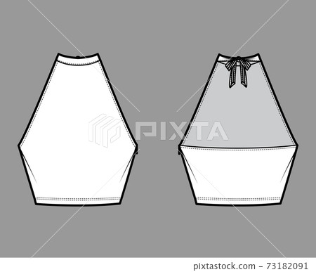 Top crop high neck halter tank cotton-jersey technical fashion illustration with bow, slim fit, waist length. Flat 73182091