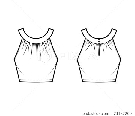 Crop top rounded neck band tank technical fashion illustration with ruching, fitted, button keyhole, waist length. Crop top rounded neck band tank technical fashion illustration with ruching, fitted, button keyhole, waist length. 73182200