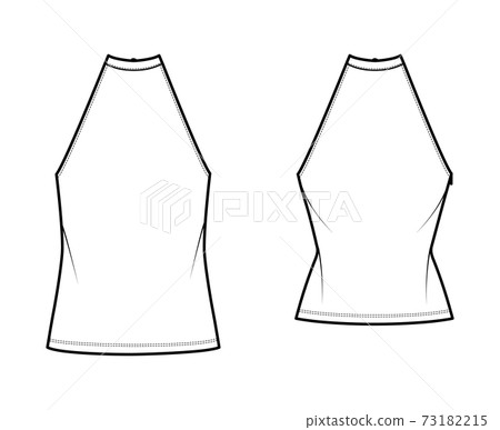 Set of Tops high neck halter tanks technical fashion illustration with bow, slim, oversized fit, waist length. Flat Set of Tops high neck halter tanks technical fashion illustration with bow, slim, oversized fit, waist length. Flat 73182215