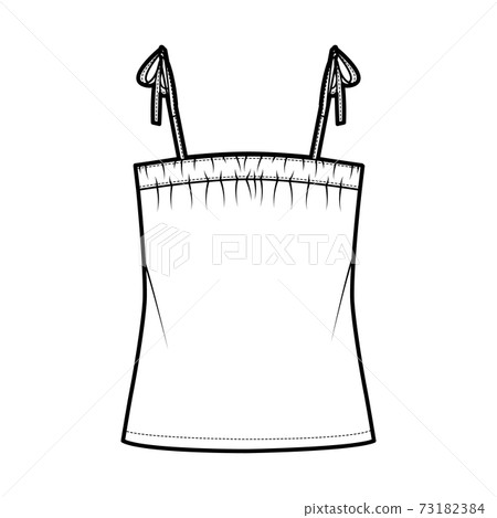 Tank tie strap top technical fashion illustration with ruching, oversized, tunic length. Flat apparel outwear shirt 73182384