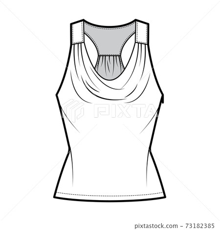 Tank racerback cowl top technical fashion illustration with ruching, fitted body, tunic length. Flat apparel outwear  73182385