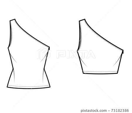 Set of One-shoulder tops tank technical fashion illustration with oversized and fitted body, tunic and waist length hem. Set of One-shoulder tops tank technical fashion illustration with oversized and fitted body, tunic and waist length hem. 73182386