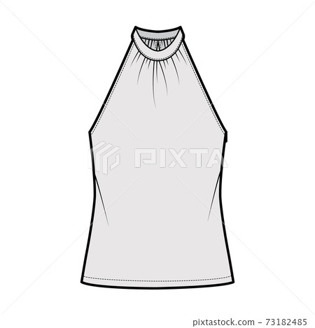Top banded high neck halter tank technical fashion illustration with wrap, oversized, tunic length. Flat apparel outwear Top banded high neck halter tank technical fashion illustration with wrap, oversized, tunic length. Flat apparel outwear 73182485