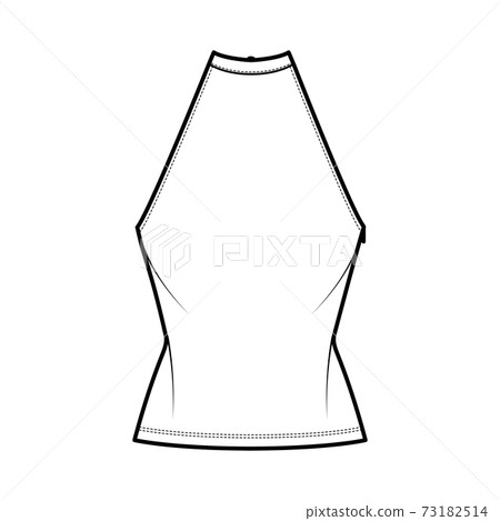 Top crop high neck halter tank cotton-jersey technical fashion illustration with bow, slim fit, waist length. Flat 73182514