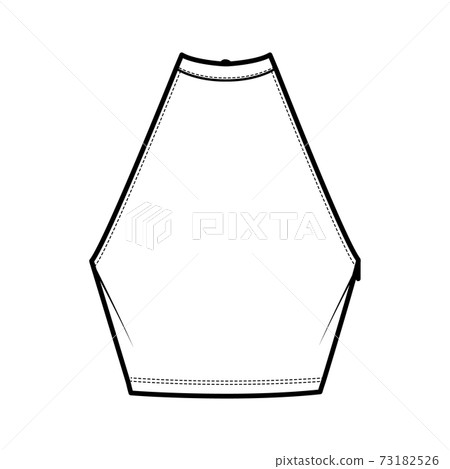Top crop high neck halter tank cotton-jersey technical fashion illustration with bow, slim fit, waist length. Flat Top crop high neck halter tank cotton-jersey technical fashion illustration with bow, slim fit, waist length. Flat 73182526