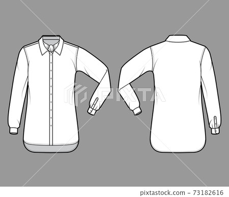 Shirt ascot stripe technical fashion illustration with tie bow, elbow fold long sleeve, oversized, button-down, collar Shirt ascot stripe technical fashion illustration with tie bow, elbow fold long sleeve, oversized, button-down, collar 73182616