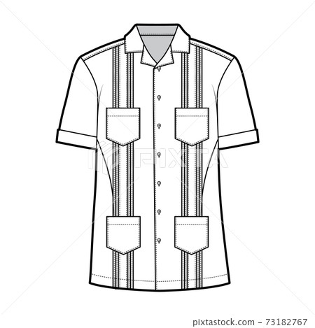 Shirt guayabera technical fashion illustration with short sleeves, pintucked, patch pockets, relax fit, yoke button-down 73182767