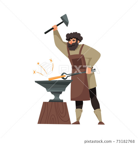 Bearded Blacksmith in Apron Forging Blade on the Anvil Vector Illustration 73182768
