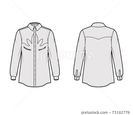 Shirt western technical fashion illustration with long sleeves, reinforced pockets, relax fit, yokes, button-down,  73182776