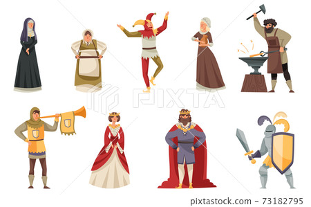Medieval People Characters with Herald, King in Mantle and Blacksmith Vector Illustration Set 73182795