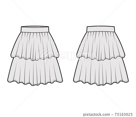 Skirt layered flounce technical fashion illustration with knee length silhouette, circular fullness. Flat bottom 73183025