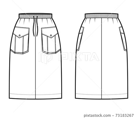 Skirt cargo technical fashion illustration with knee length, pockets with flap, stretch drawstring waistband. Flat Skirt cargo technical fashion illustration with knee length, pockets with flap, stretch drawstring waistband. Flat 73183267