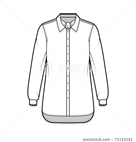Shirt ascot stripe technical fashion illustration with bow, long sleeves with cuff, oversized, button-down, collar 73183281