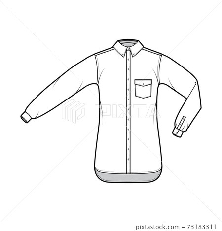 Shirt button-down technical fashion illustration with angled pocket, elbow fold, straight long sleeves, oversized Shirt button-down technical fashion illustration with angled pocket, elbow fold, straight long sleeves, oversized 73183311