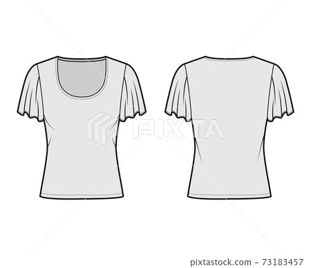 Top with short circle sleeves technical fashion illustration with relax fit, under waist length, round neckline. Flat 73183457