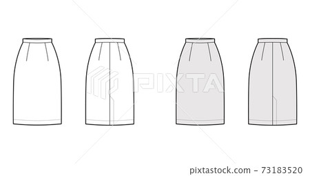 Skirt sheath straight technical fashion illustration with knee lengths, flap at back, pencil fullness. Flat bottom  73183520