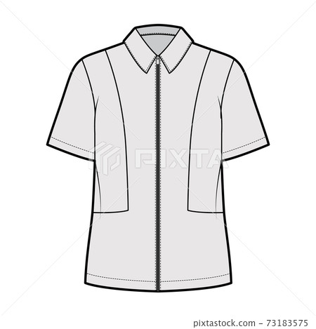 Shirt full zip-up technical fashion illustration with short sleeves, relax fit, yokes, flat collar. Template front 73183575