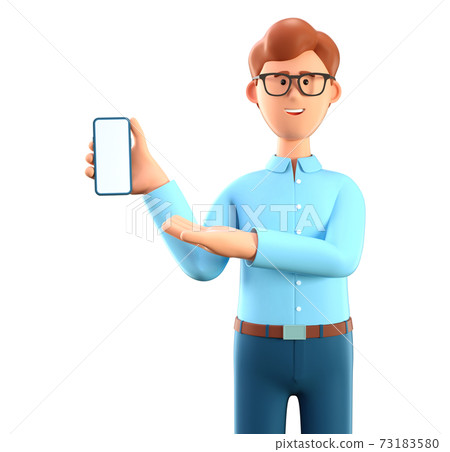 3D illustration of man with smartphone showing at screen. Close up portrait of smiling businessman pointing hand at phone 3D illustration of man with smartphone showing at screen. Close up portrait of smiling businessman pointing hand at phone 73183580