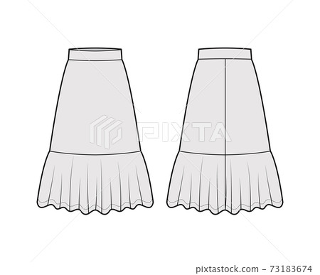 Skirt flounce technical fashion illustration with below-the-knee lengths, A-line silhouette, thick waistband bottom Skirt flounce technical fashion illustration with below-the-knee lengths, A-line silhouette, thick waistband bottom 73183674