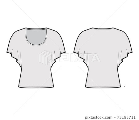 Top with medium batwing sleeves technical fashion illustration with relax fit, under waist length, round neckline. Flat Top with medium batwing sleeves technical fashion illustration with relax fit, under waist length, round neckline. Flat 73183711
