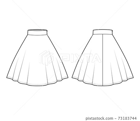 Skirt circular fullness technical fashion illustration with below-the-knee lengths silhouette, thick waistband bottom Skirt circular fullness technical fashion illustration with below-the-knee lengths silhouette, thick waistband bottom 73183744