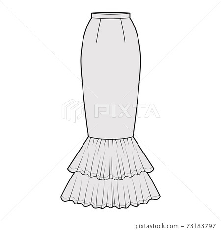 Skirt mermaid fishtail maxi technical fashion illustration with floor ankle lengths silhouette, pencil fullness bottom 73183797