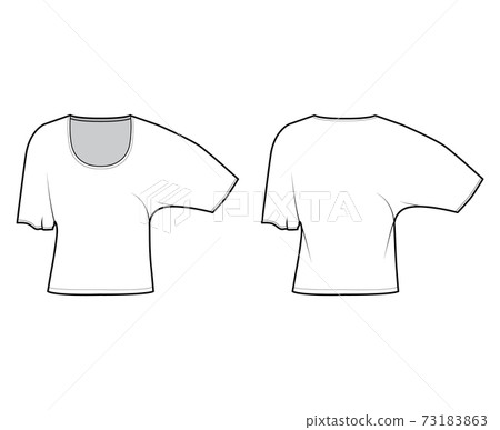 Top with elbow batwing sleeves technical fashion illustration with relax fit, under waist length, round neckline. Flat 73183863