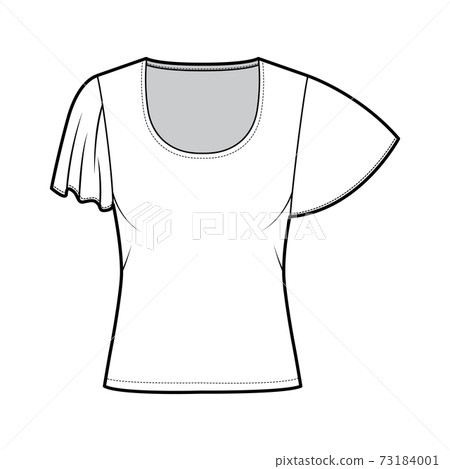 Top with short circle sleeves technical fashion illustration with relax fit, under waist length, round neckline. Flat 73184001