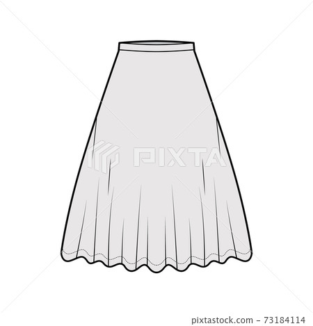 Skirt midi round technical fashion illustration with knee lengths silhouette, circular fullness, thin waistband bottom Skirt midi round technical fashion illustration with knee lengths silhouette, circular fullness, thin waistband bottom 73184114