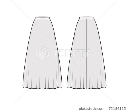Skirt maxi long technical fashion illustration with floor ankle lengths silhouette, semi-circular fullness. Flat bottom Skirt maxi long technical fashion illustration with floor ankle lengths silhouette, semi-circular fullness. Flat bottom 73184115