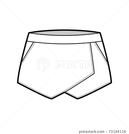Skirt skort shorts skort technical fashion illustration with mini length silhouette, pencil fullness, thin waistband Skirt skort shorts skort technical fashion illustration with mini length silhouette, pencil fullness, thin waistband 73184116