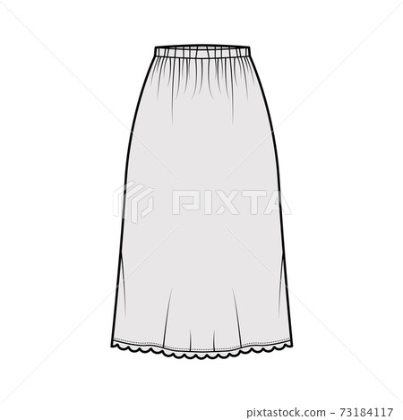 Skirt slip dirndl technical fashion illustration with below-the-knee silhouette, A-line fullness, scalloped edge bottom Skirt slip dirndl technical fashion illustration with below-the-knee silhouette, A-line fullness, scalloped edge bottom 73184117