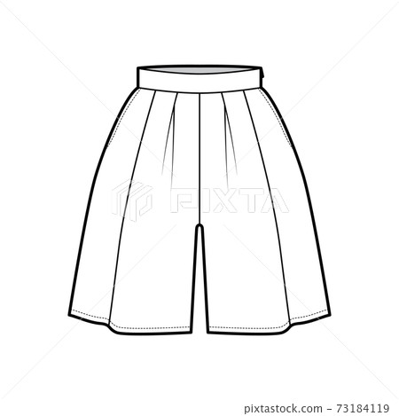 Shorts skirt culotte technical fashion illustration with mini length, oversize silhouette, thick waistband, side zipper Shorts skirt culotte technical fashion illustration with mini length, oversize silhouette, thick waistband, side zipper 73184119