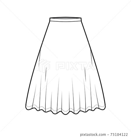 Skirt midi round technical fashion illustration with knee lengths silhouette, circular fullness, thin waistband bottom Skirt midi round technical fashion illustration with knee lengths silhouette, circular fullness, thin waistband bottom 73184122
