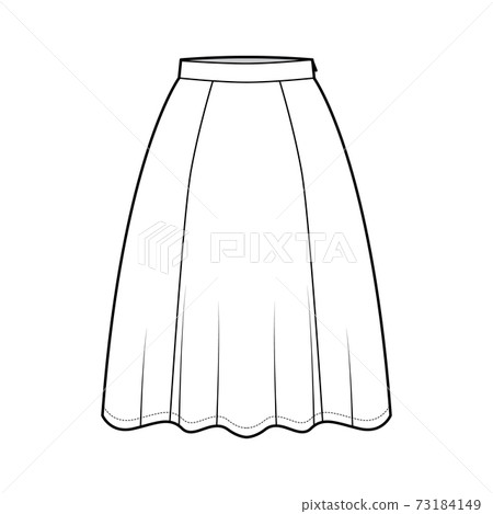 Skirt six gore technical fashion illustration with knee silhouette, semi-circular fullness, thin waistband. Flat bottom Skirt six gore technical fashion illustration with knee silhouette, semi-circular fullness, thin waistband. Flat bottom 73184149