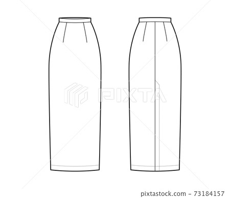 Skirt maxi pencil fullness silhouette technical fashion illustration with back slit, floor ankle lengths. Flat bottom Skirt maxi pencil fullness silhouette technical fashion illustration with back slit, floor ankle lengths. Flat bottom 73184157