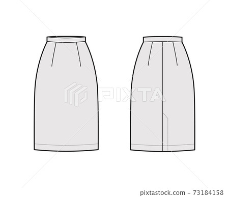 Skirt sheath straight technical fashion illustration with knee lengths, flap at back, pencil fullness. Flat bottom Skirt sheath straight technical fashion illustration with knee lengths, flap at back, pencil fullness. Flat bottom 73184158