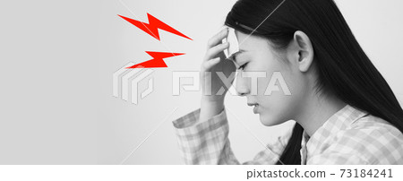 Image of a woman in pajamas with a headache 73184241