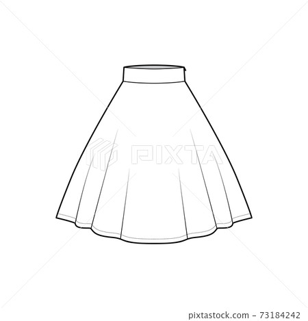 Skirt circular fullness technical fashion illustration with below-the-knee lengths silhouette, thick waistband bottom Skirt circular fullness technical fashion illustration with below-the-knee lengths silhouette, thick waistband bottom 73184242