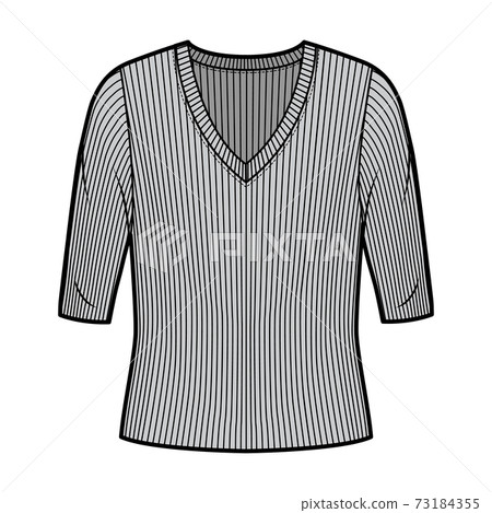 Ribbed V-neck knit sweater technical fashion illustration with elbow sleeves, oversized body. Ribbed V-neck knit sweater technical fashion illustration with elbow sleeves, oversized body. 73184355